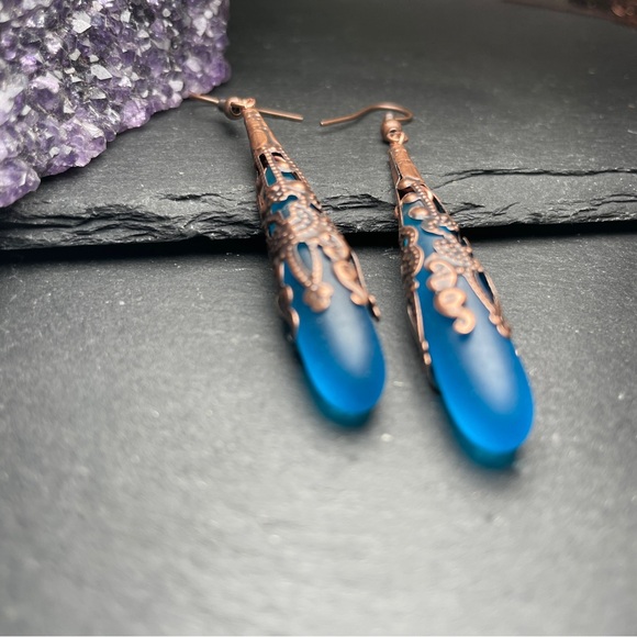 Artisan Jewelry - Artisan Boho Elegant Brilliant Blue Frosted Glass Antique Copper Drop Earrings